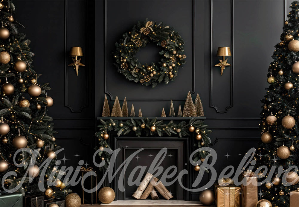 Kerst Binnen Zwarte Moderne Openhaard Achtergrond Ontworpen door Mini MakeBelieve