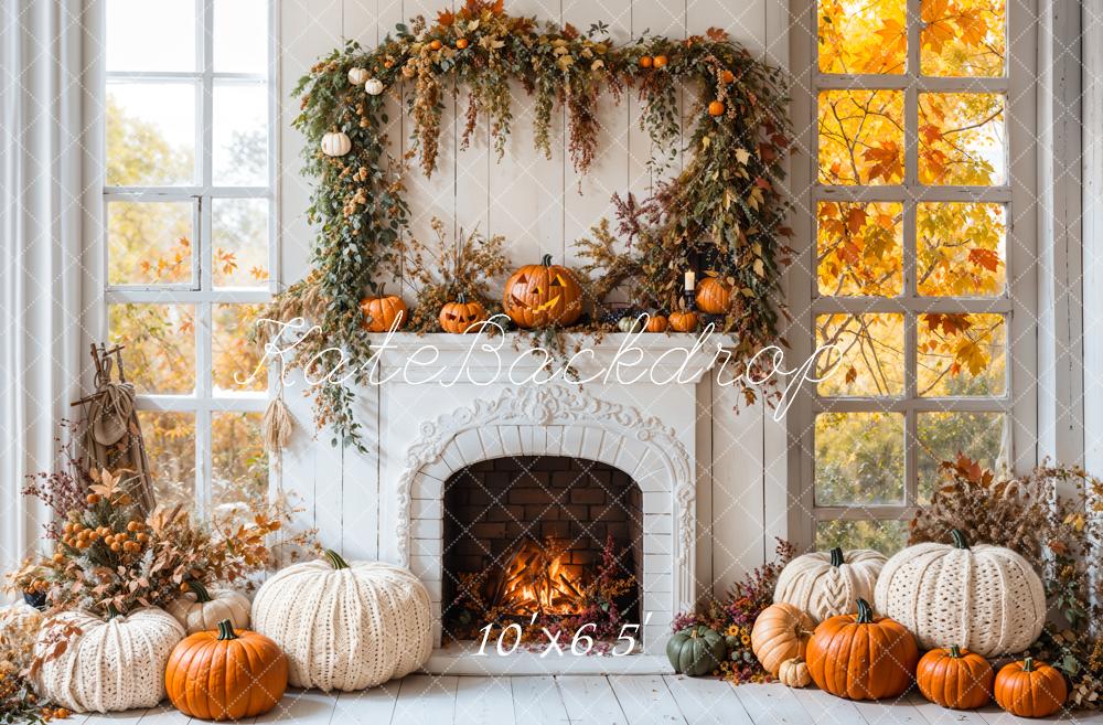 Halloween Fall White Fireplace Maple Leaves Foto Achtergrond Designed by Emetselch