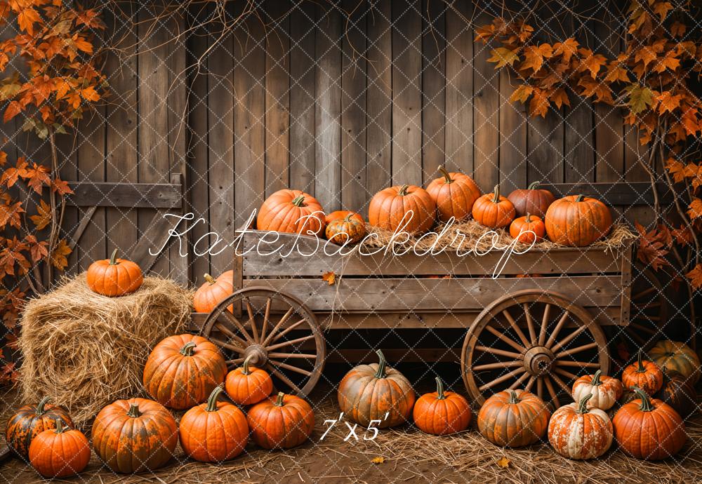 Kate Fall Barn Door Pumpkin Cart Maple Leaves Backdrop Designed by Emetselch