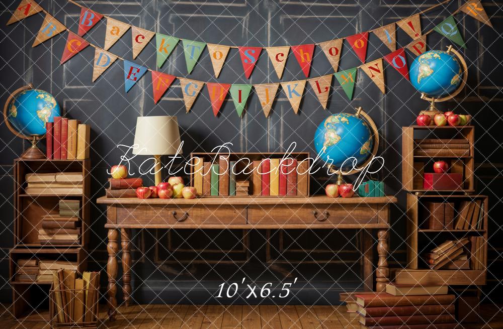 Kate Back to School Globe Books Black Retro Wall Backdrop Designed by Emetselch