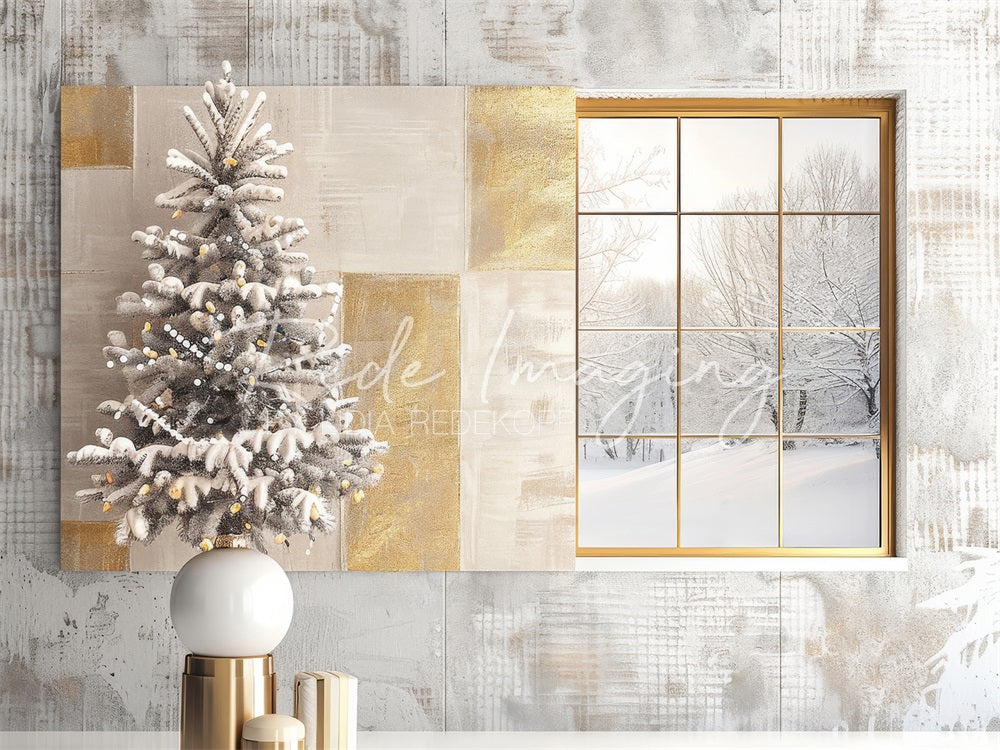 Kate Christmas Tree Modern White Gold Window Plaid Wall Backdrop Designed by Lidia Redekopp