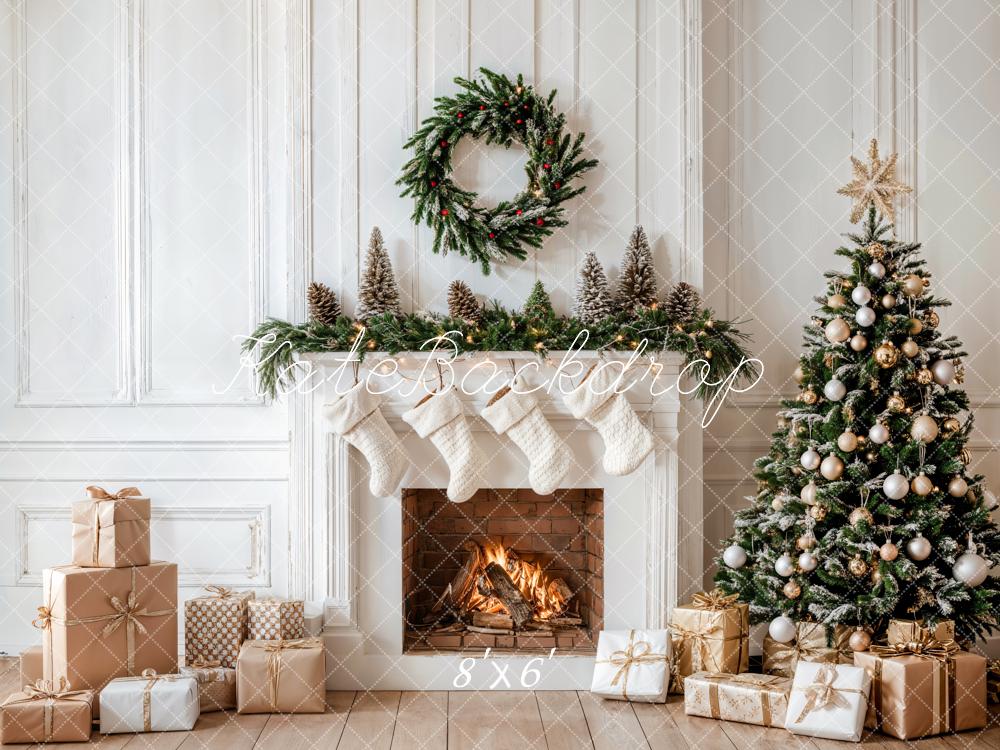 Kate Christmas White Fireplace With Gifts Tree Wreath Backdrop Designed by Emetselch