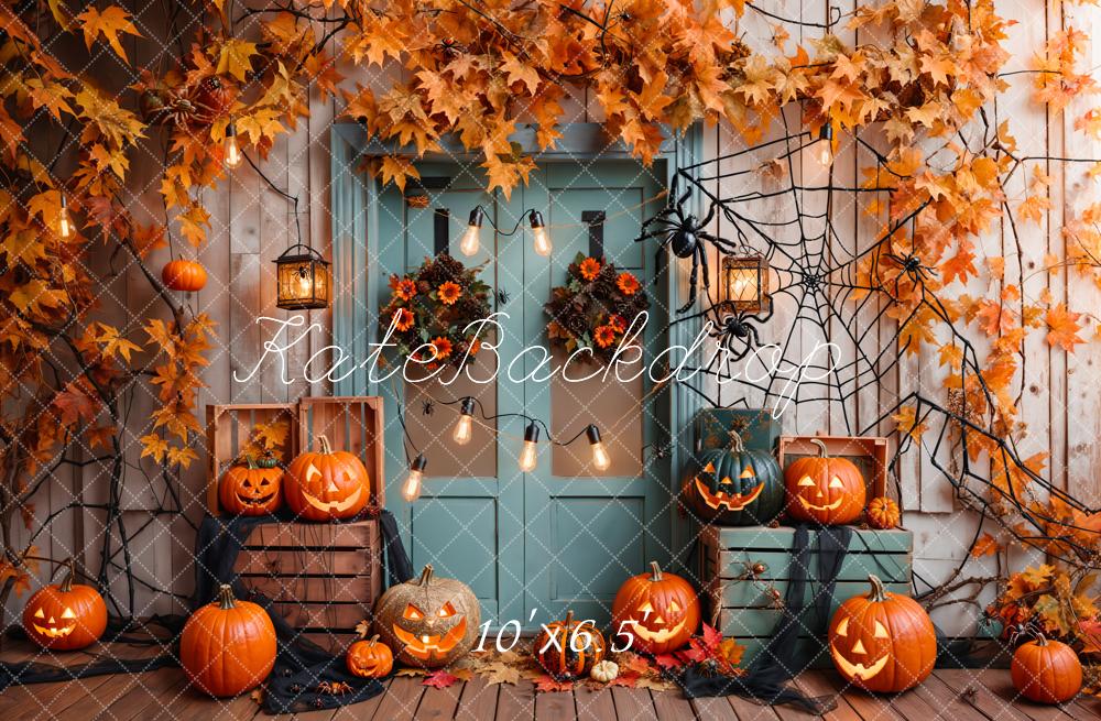 Kate Halloween Pumpkin Maple Blue Wood Door Backdrop Designed by Emetselch