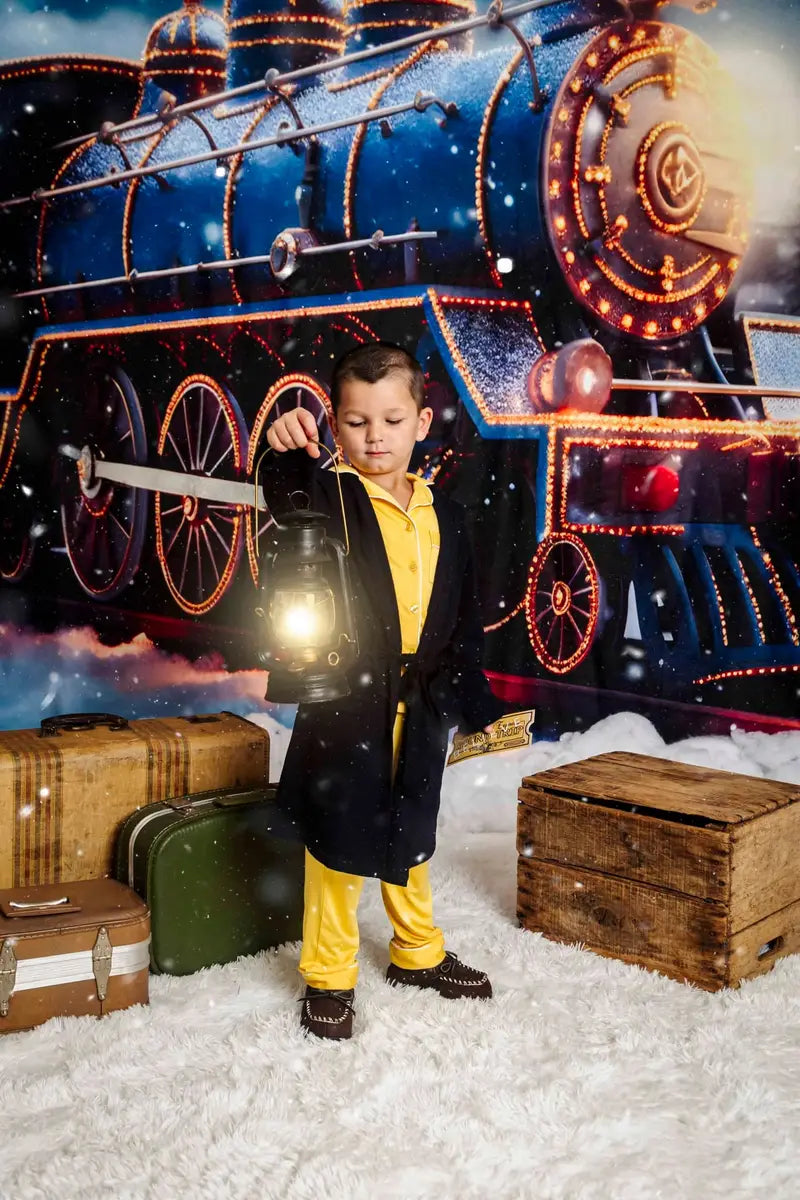 Kate Christmas Light Train in Snowy Night Backdrop for Photography