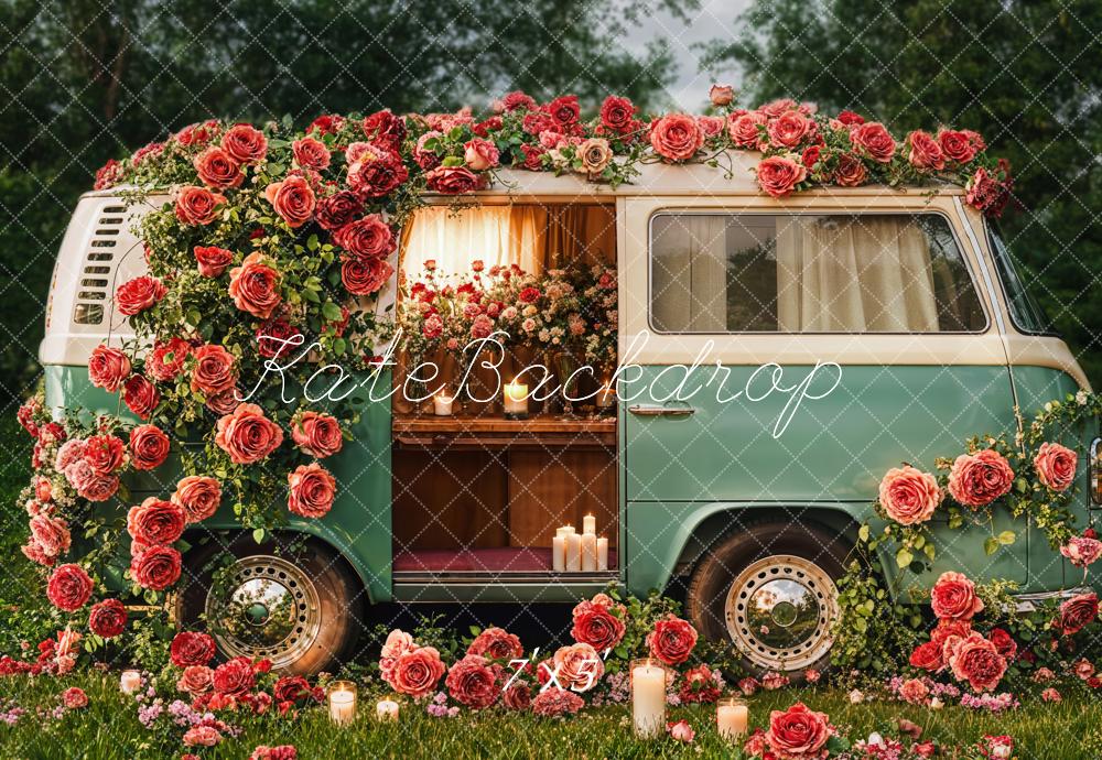 Valentijnsdag Bloemen Vintage Campervan Foto Achtergrond Designed by Emetselch