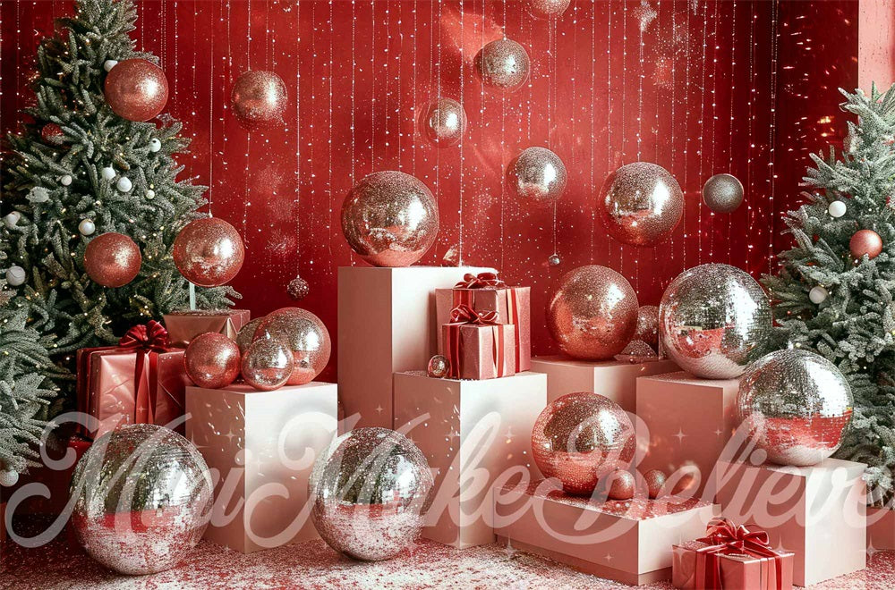 Christmas Retro Disco Silver Ball Red Wall Backdrop Designed by Mini MakeBelieve