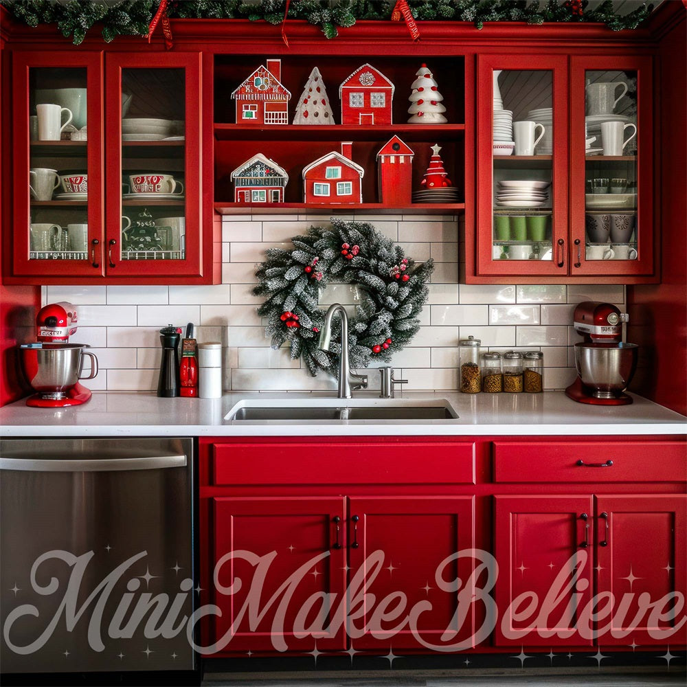 Kate Christmas Indoor Red Kitchen Backdrop Designed by Mini MakeBelieve