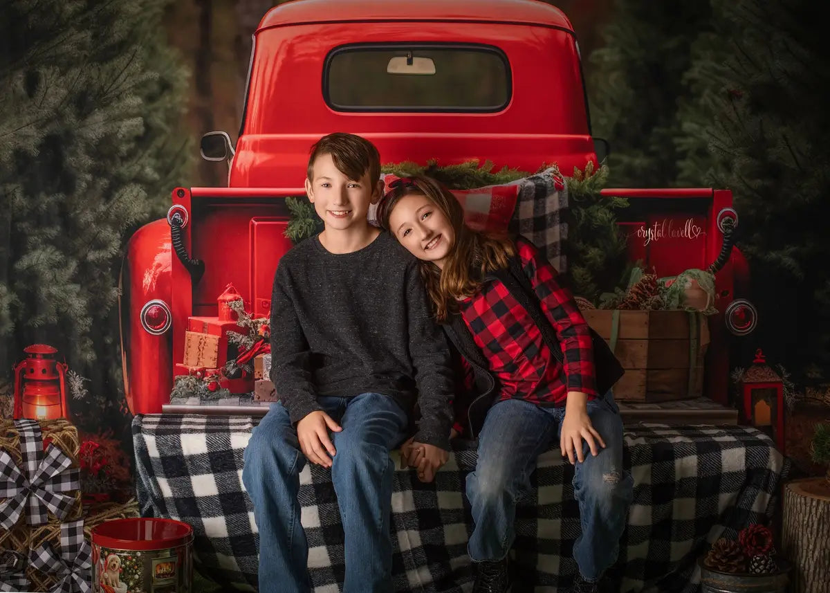 Fondo para fotografía de camión rojo de Navidad fuera de casa