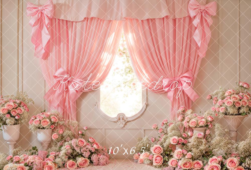 Kate Cake Smash Pink Floral Curtain Bow Backdrop Designed by Emetselch