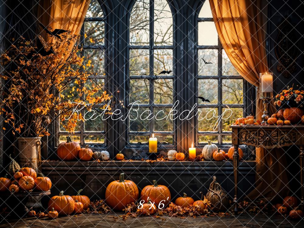 Autumn Halloween Pumpkin Black Arched Window Backdrop Designed by Emetselch