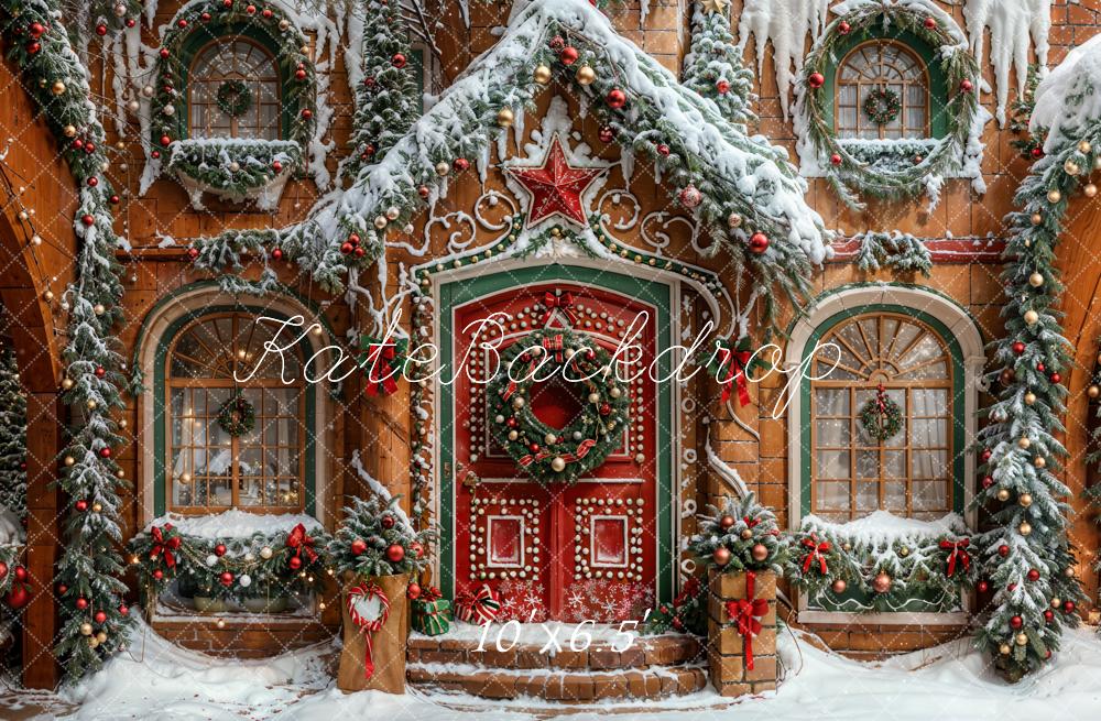 Kate Christmas Red Star Brown Gingerbread House Backdrop Designed by Emetselch