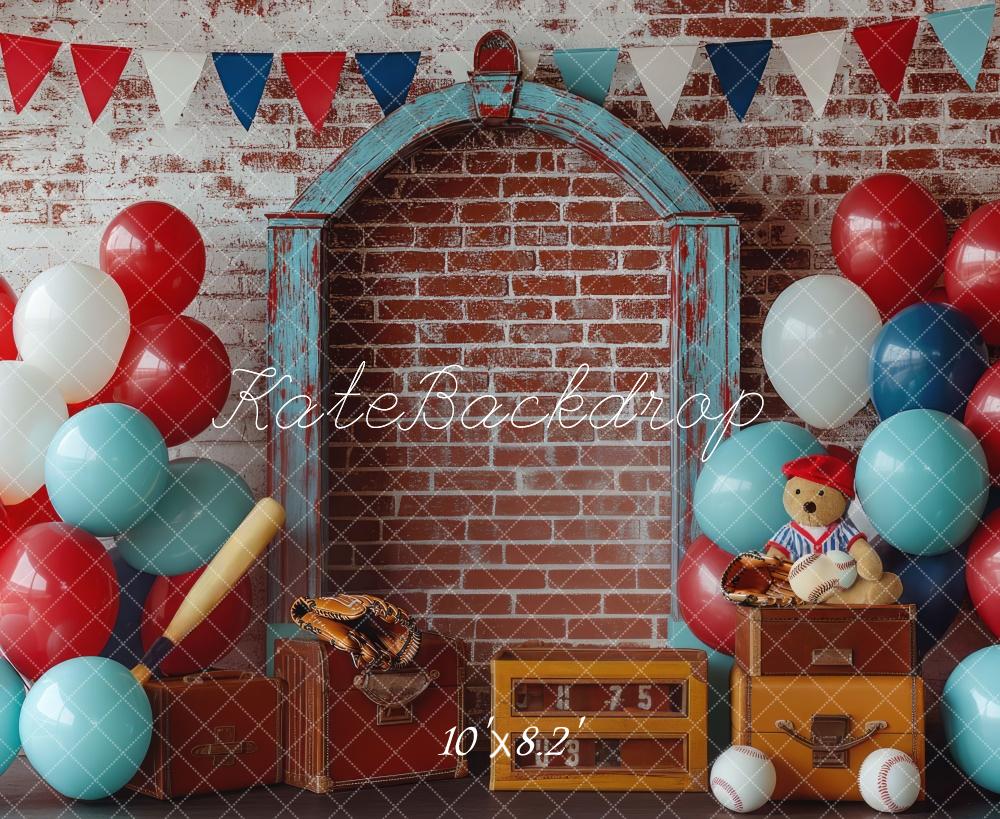 Cake Smash Baseball Ballonnen Bakstenen Foto Achtergrond Designed by Mini MakeBelieve