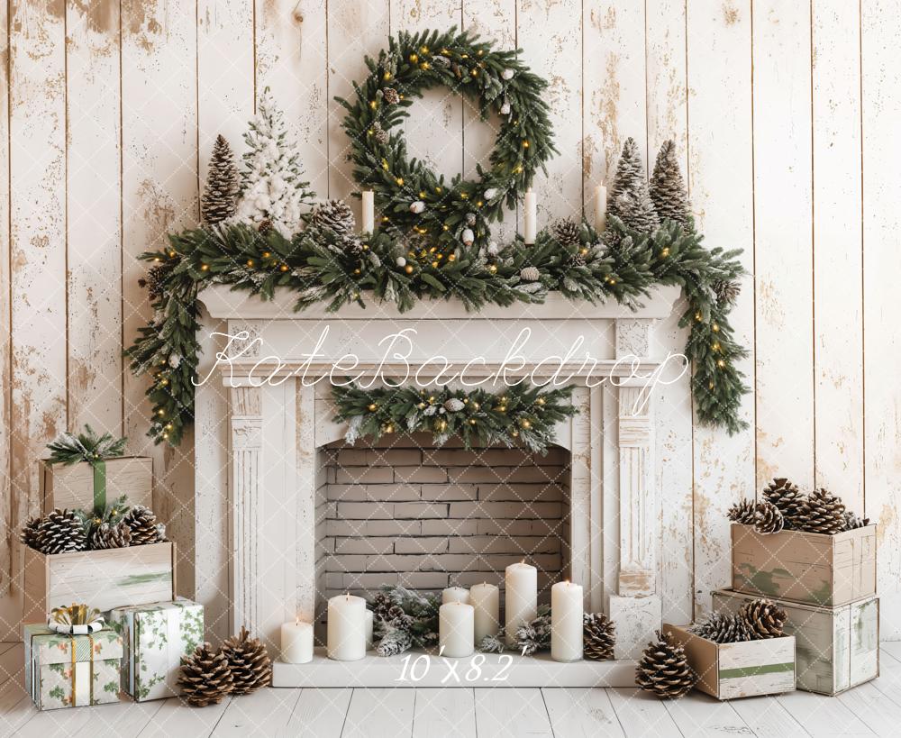 Kate Christmas Fireplace White Wood Wall Backdrop Designed by Emetselch