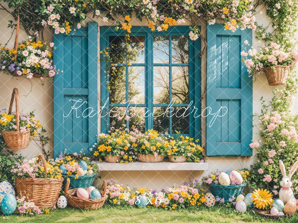 Kate Easter Bunny Floral Blue Window Backdrop Designed by Emetselch