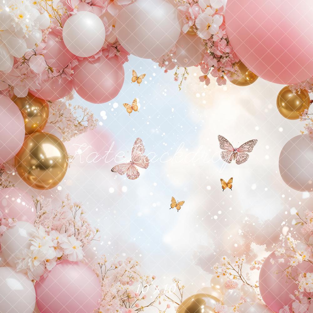 Kate Floral Pink Balloon Butterfly Backdrop Designed by Emetselch