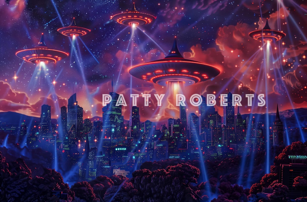 Kate Dark Purple Star UFO Invasion of the City Backdrop Designed by Patty Robert