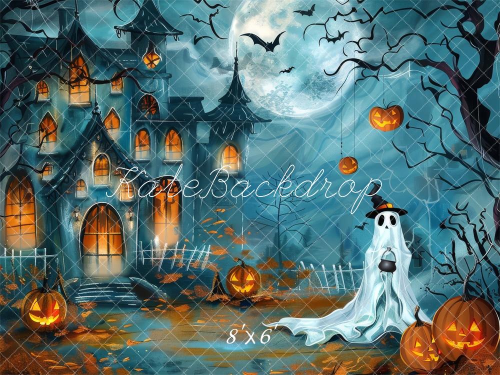 Halloween Cartoon Ghost Pumpkin Kasteel Foto Achtergrond Designed by Lidia Redekopp