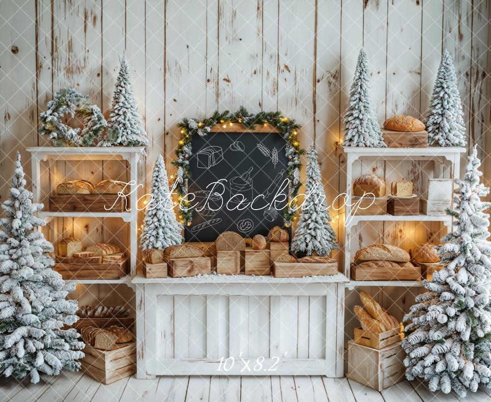 Kate Christmas Tree White Wooden Shelf Bread Chalkboard Backdrop Designed by Emetselch