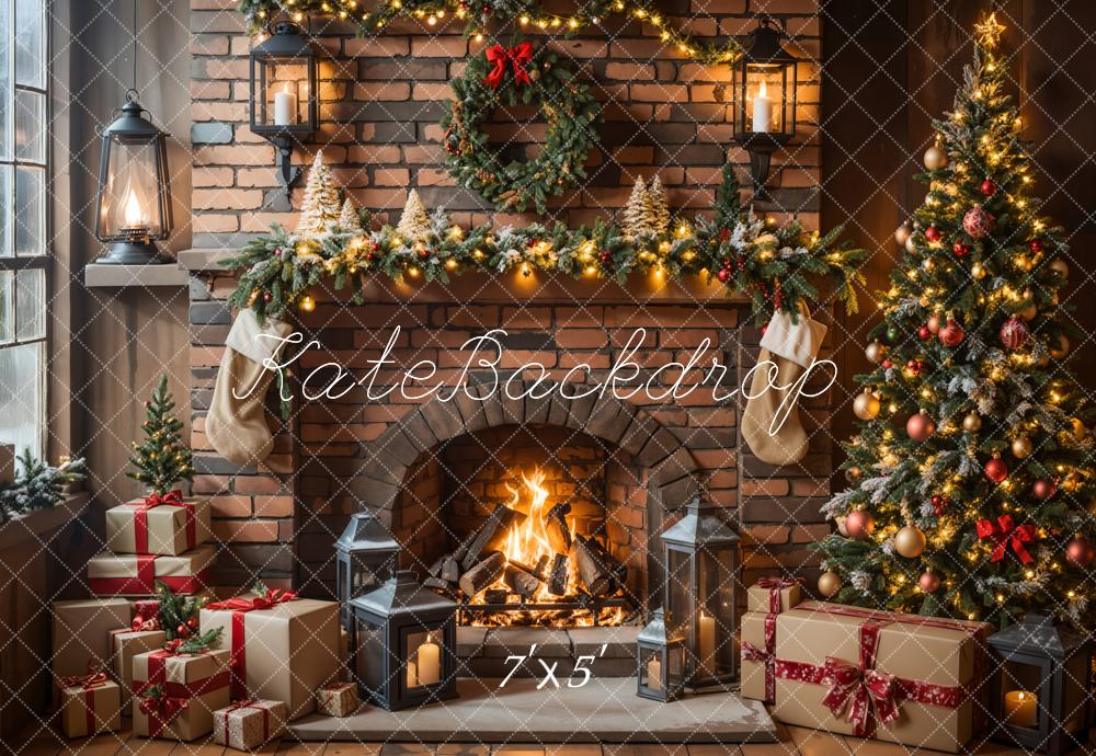 Kate Christmas Fireplace Tree Brick Wall Backdrop Designed by Emetselch