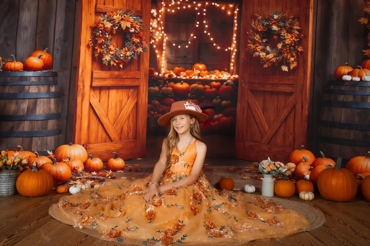 Kate Fall Barn Wooden Door Pumpkins Backdrop Designed by Emetselch