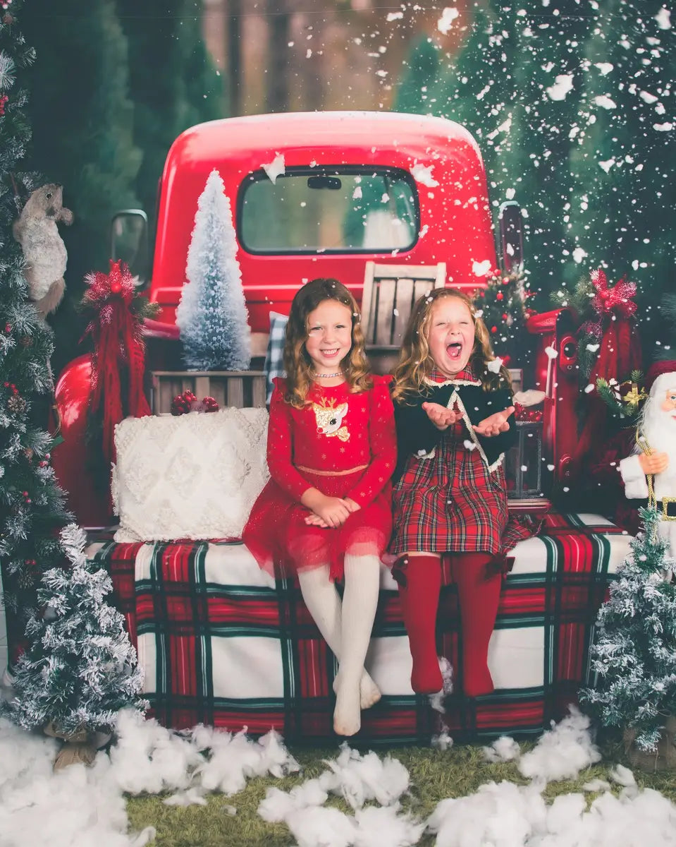 Fondo para fotografía de camioneta roja de Navidad al aire libre