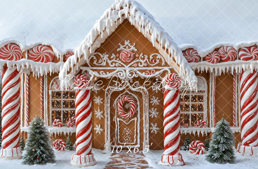 Kerstman Gingerbread Huis Snoepstokjes Sneeuw Foto Achtergrond Designed by Emetselch