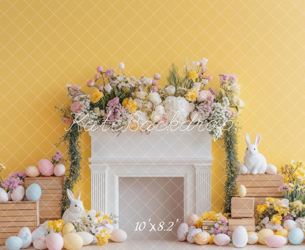 Kate Easter Bunny Floral Fireplace Yellow Backdrop Designed by Patty Roberts