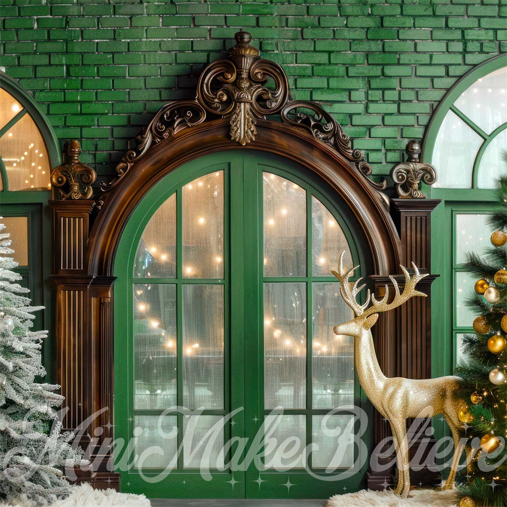 Kerst Golden Deer Retro Boog Raam Groene Bakstenen Wand Foto Achtergrond Designed by Mini MakeBelieve