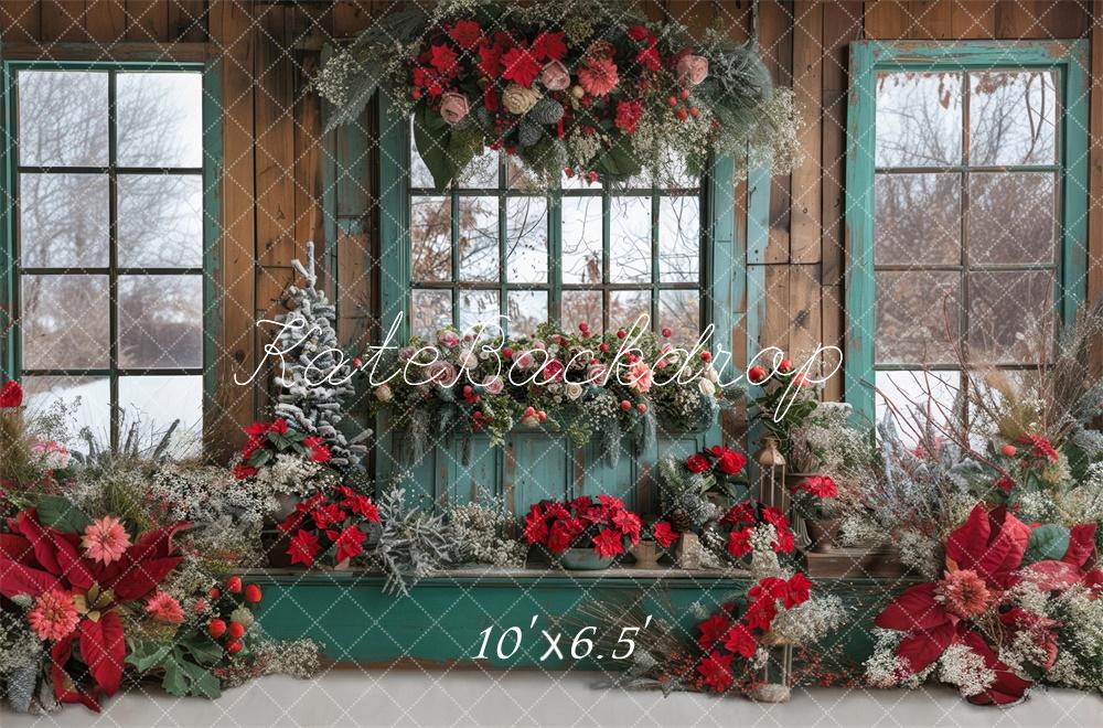 Kate Christmas Floral Blue Window Backdrop Designed by Laura Bybee