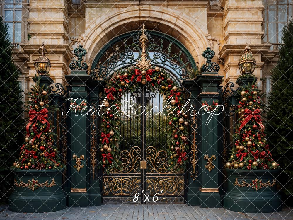 Kate Christmas Golden Vintage Floral Dark Green Gate Backdrop Designed by Emetselch