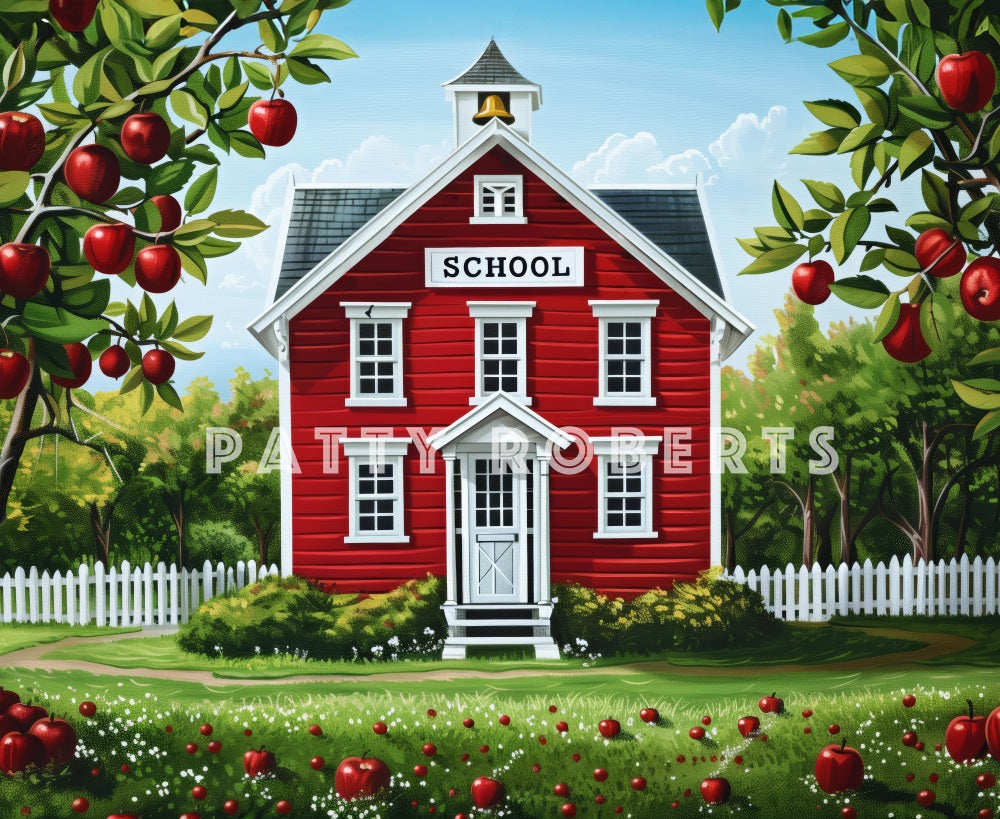 Back To School Cartoon Rode Huis Appelboom Foto Achtergrond Designed by Patty Robert