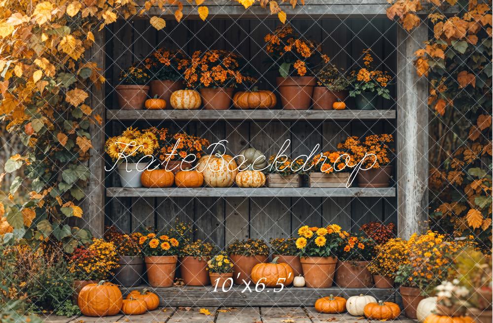 Fall Pumpkin Shelf Flowers Maple Backdrop Designed by Emetselch