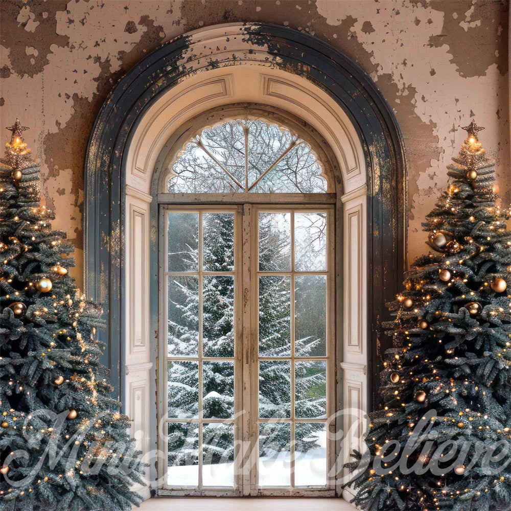 Kate Christmas White Curtain Gray Retro Arched Window Backdrop Designed by Mini MakeBelieve