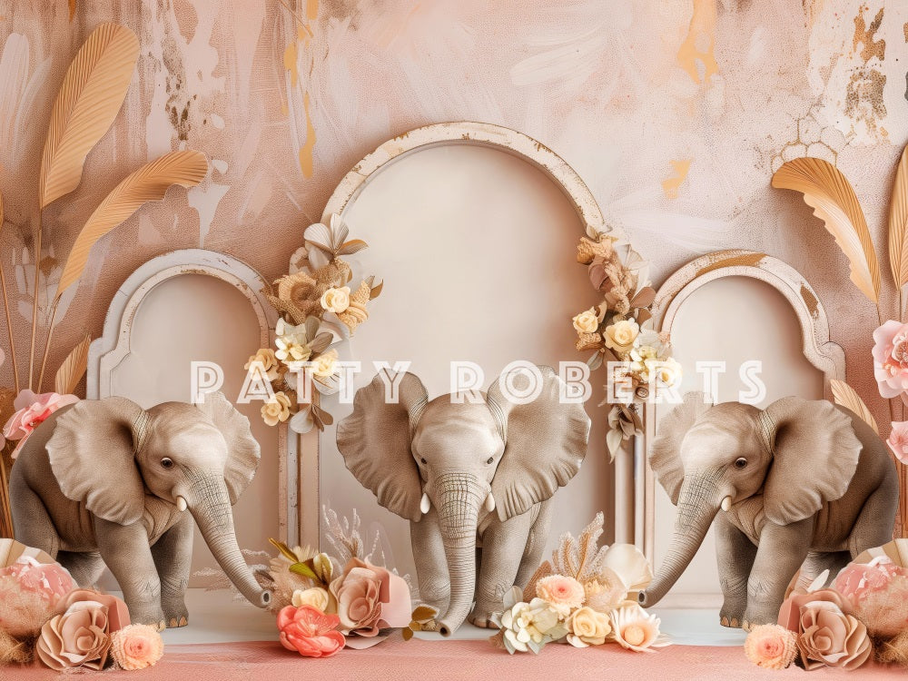 Kate Boho Elephant Pink Retro Arch Wall Backdrop Designed by Patty Robert