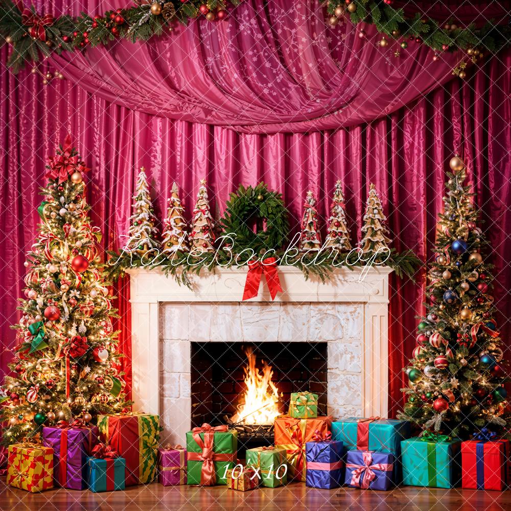 Kate Christmas Interior White Marble Fireplace Red Curtain Backdrop Designed by Emetselch