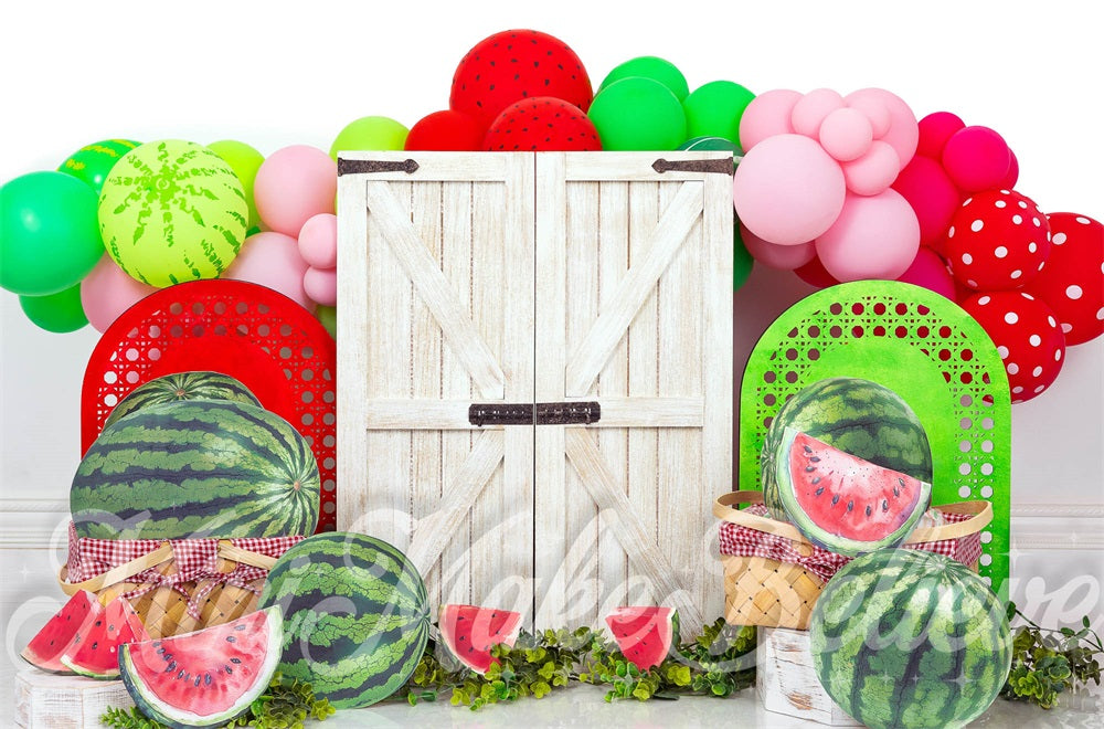 Kate Birthday Watermelon Colorful Balloon White Barn Door Backdrop Designed by Mini MakeBelieve