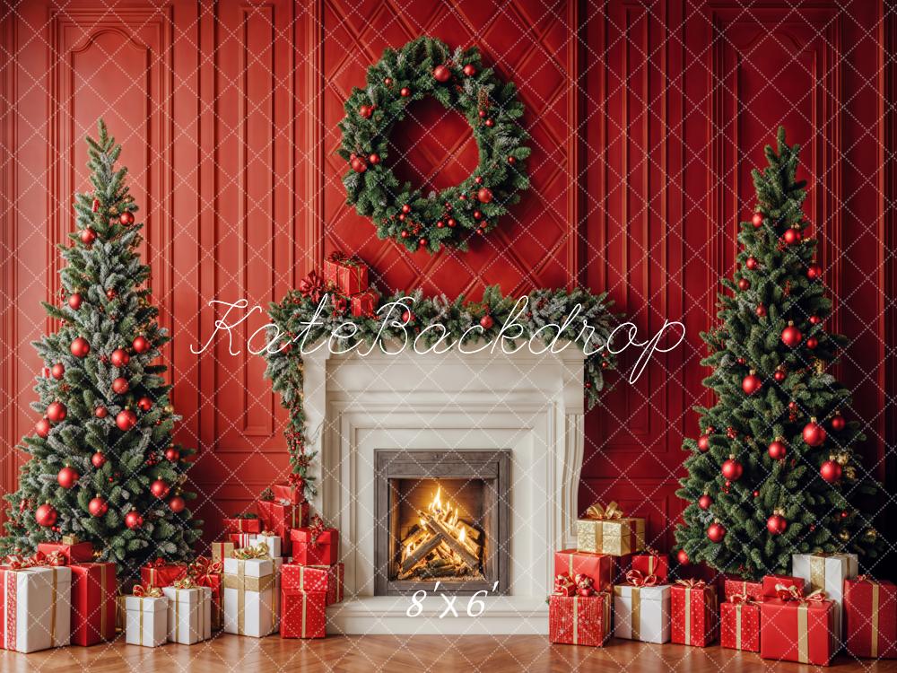 Kate Christmas Trees Fireplace Red Wall Backdrop Designed by Emetselch