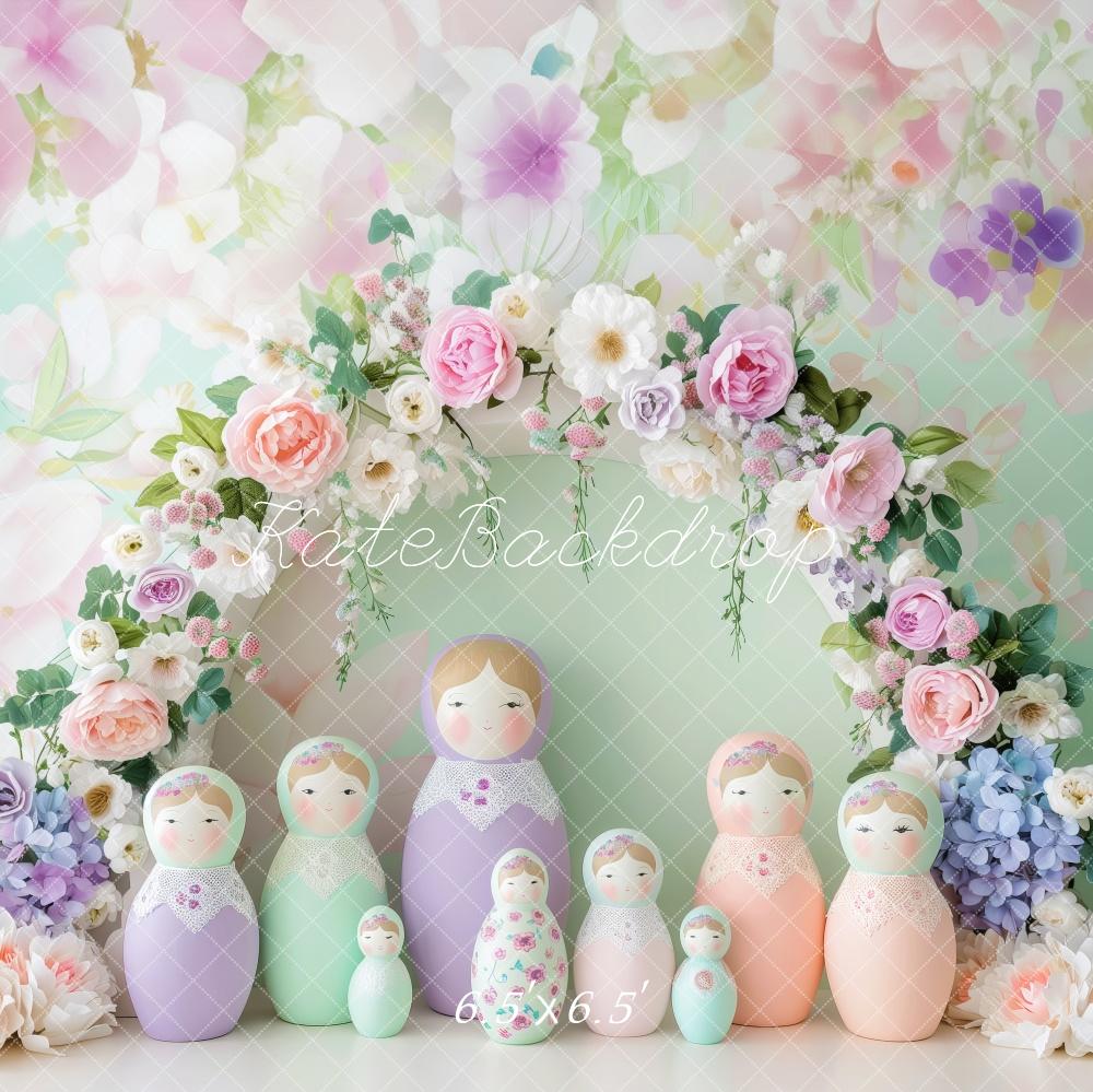 Kate Floral Arch Pastel Matryoshka Dolls Backdrop Designed by Patty Robert