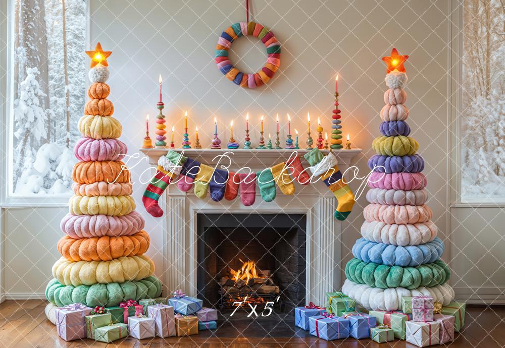 Kate Christmas Colorful Trees Fireplace Backdrop Designed by Emetselch