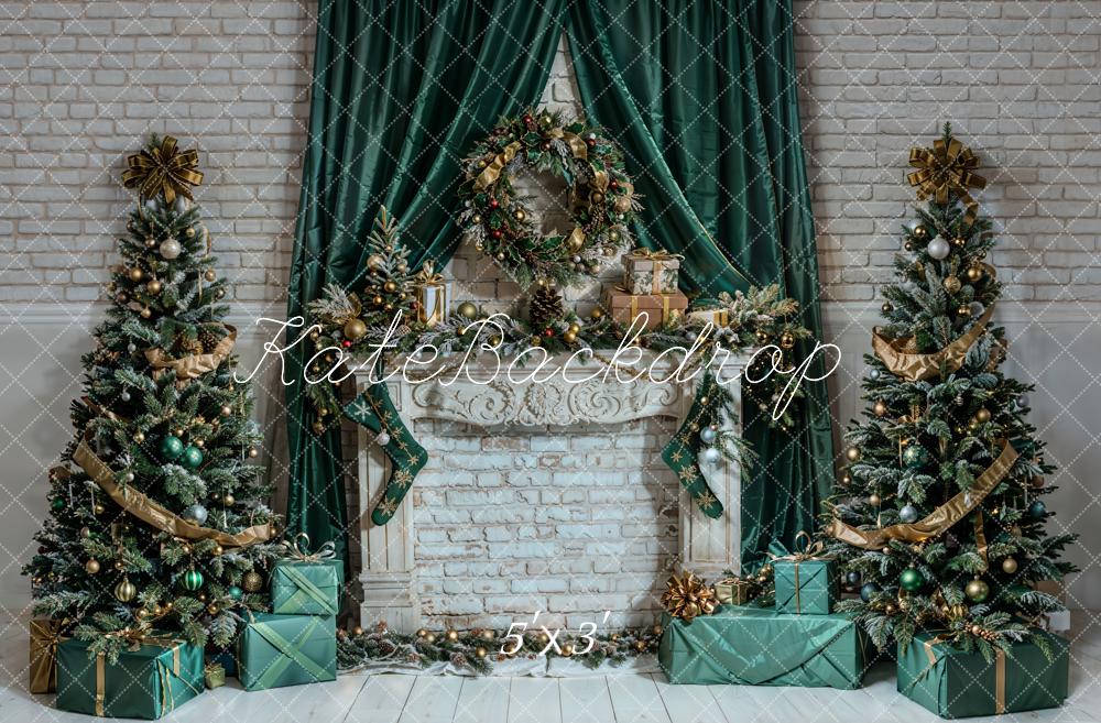 Kate Christmas White Retro Floral Brick Fireplace Backdrop Designed by Emetselch