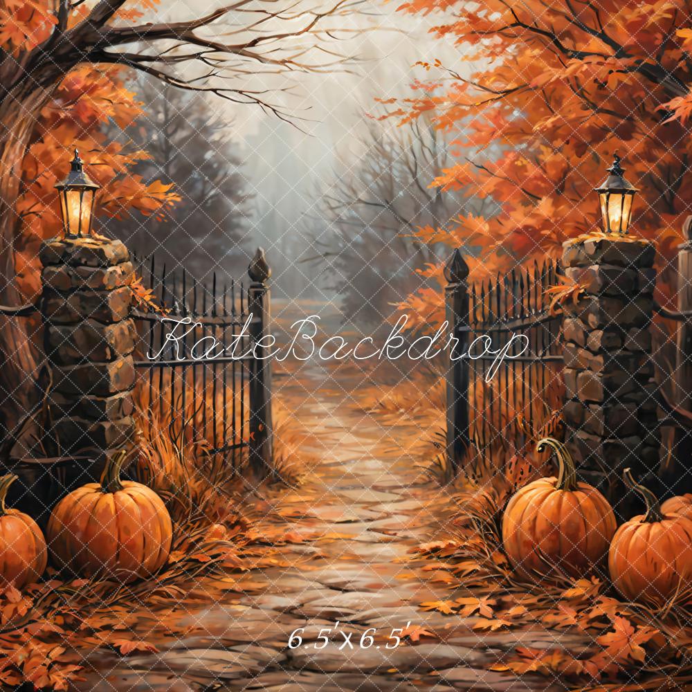 Kate Fall Forest Pumpkin Black Retro Gate Backdrop Designed by GQ