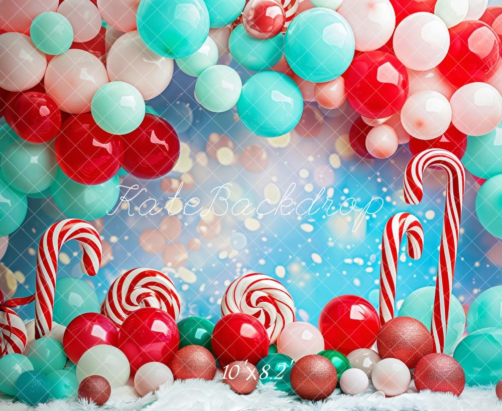 Kate Christmas Cake Smash Red Blue Balloon Arch Candy Cane Backdrop Designed by Patty Robert