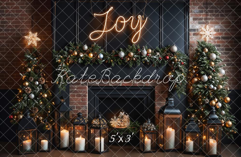 Kate Christmas Joy Sign Brown Brick Fireplace Black Wall Backdrop Designed by Emetselch