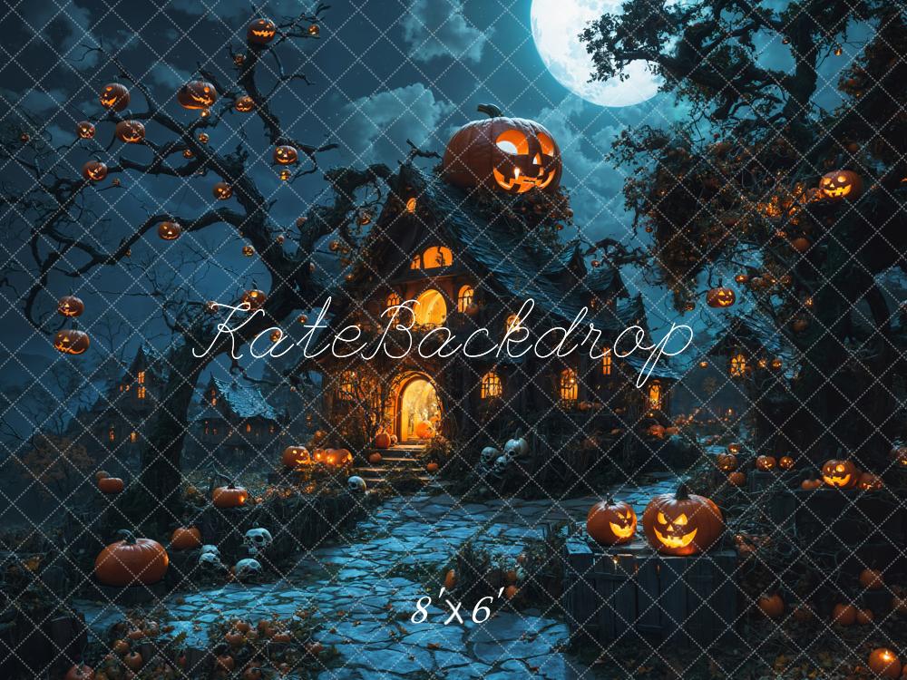 Kate Halloween Night Pumpkin Lanterns Wooden Cabin Backdrop Designed by Emetselch