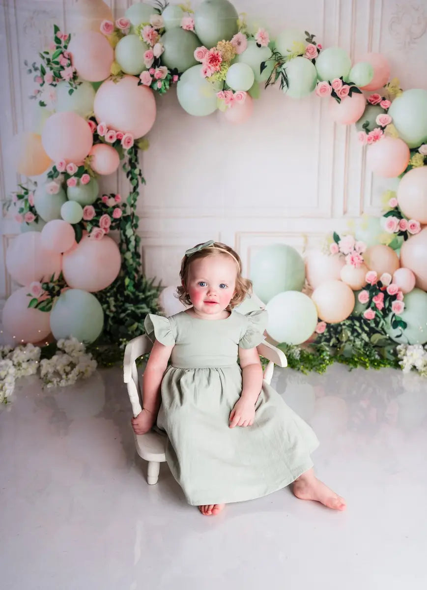 Kate Birthday Pink Rose Green Balloon Arch White Retro Wall Backdrop Designed by Patty Robert