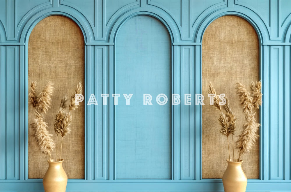 Kate Boho Blue and Brown Retro Arch Wall Backdrop Designed by Patty Robert