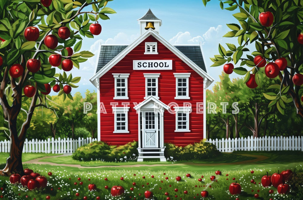 Fondo de escuela de regreso con dibujos animados, casa roja y árbol de manzana diseñado por Patty Robert