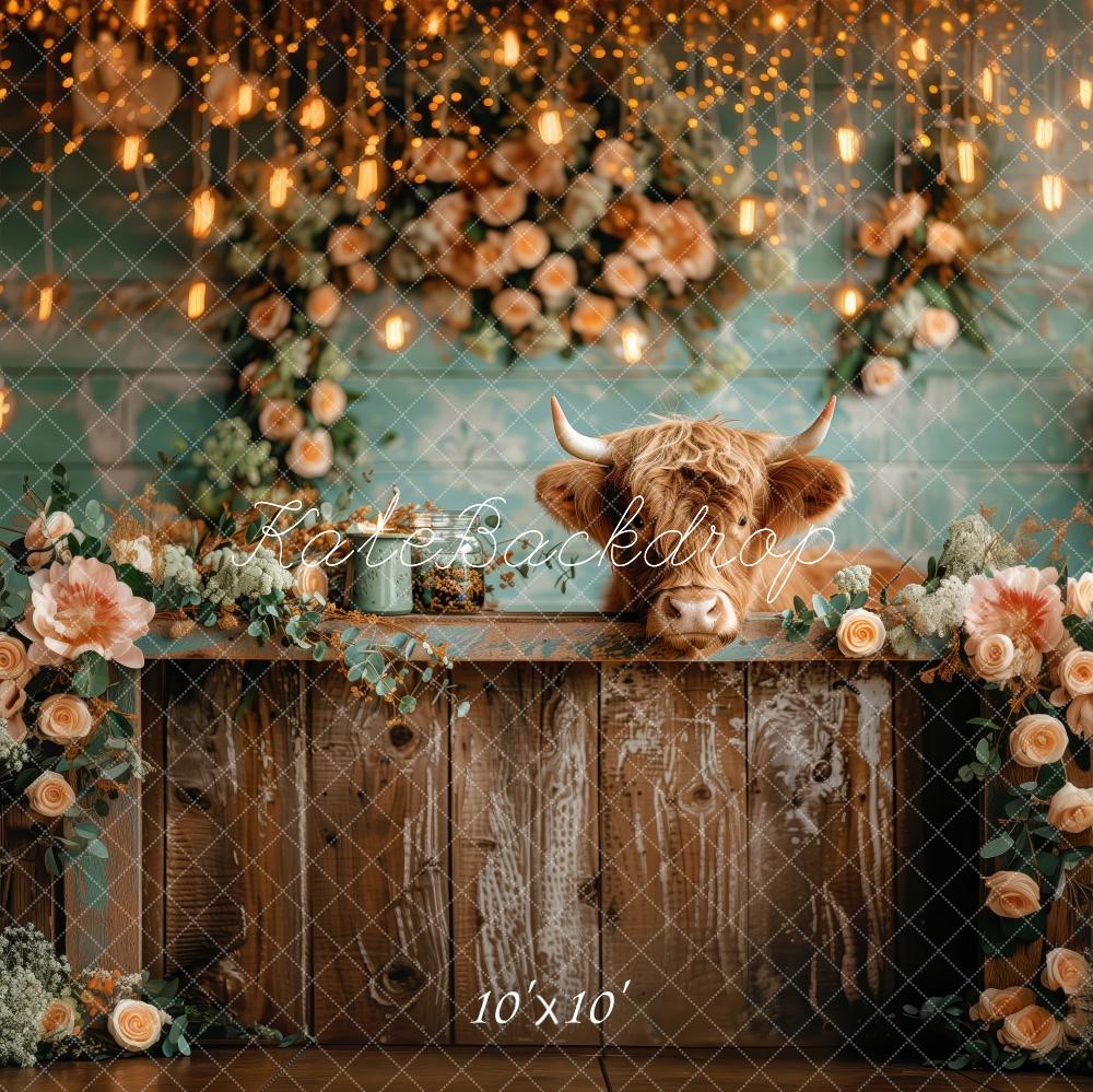 Kate Flowers Cow Green Wall Rustic Decor Backdrop Designed by Patty Robert