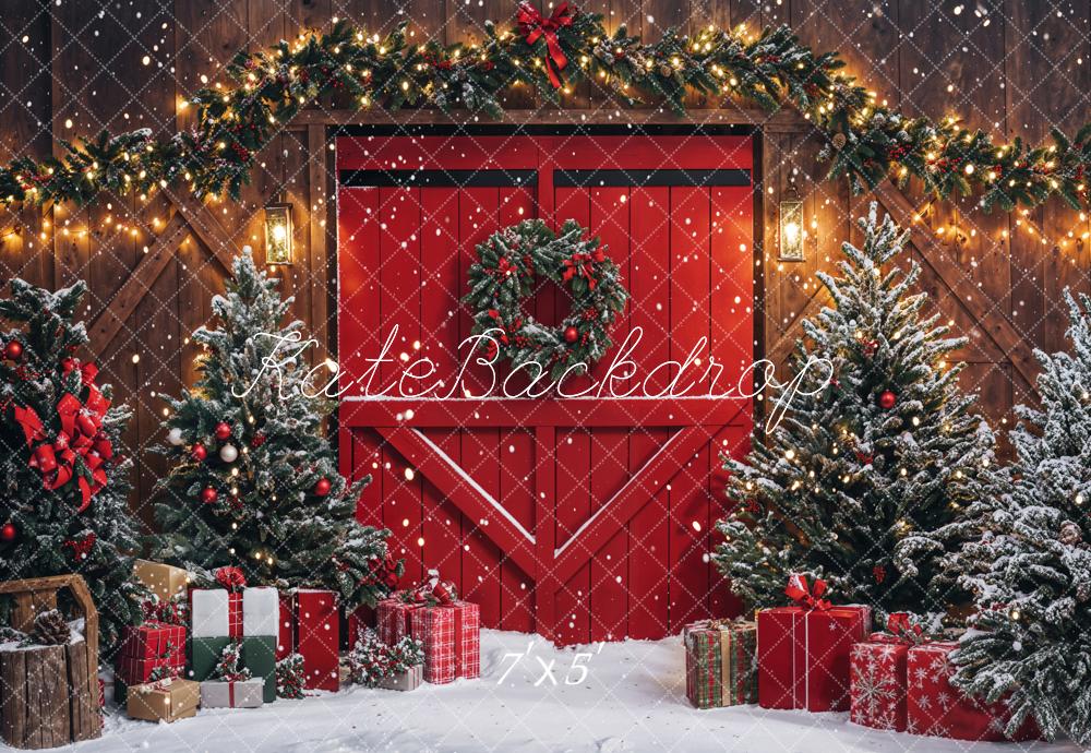 Kate Christmas Red Barn Door Wreath Backdrop Designed by Emetselch