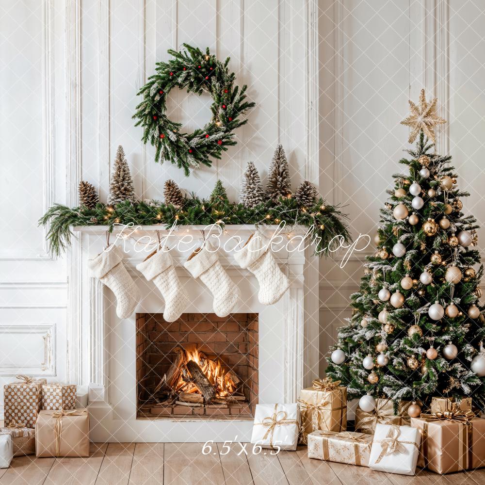 Kate Christmas White Fireplace With Gifts Tree Wreath Backdrop Designed by Emetselch